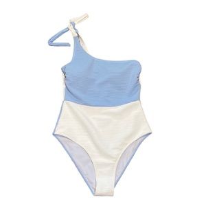 Cupshe One Piece Light Blue White One Shoulder Swimsuit L